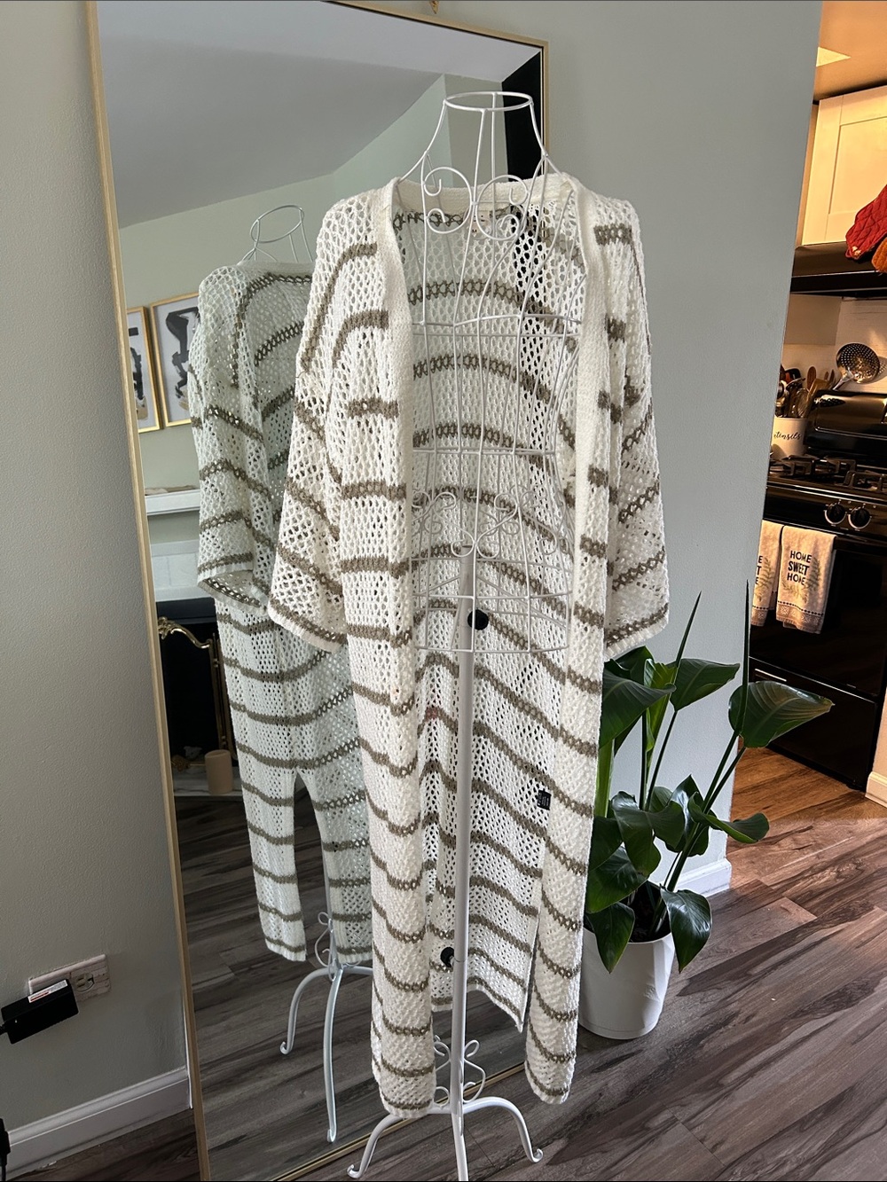 POL Open-Knit Longline Cardigan in Cream and gray